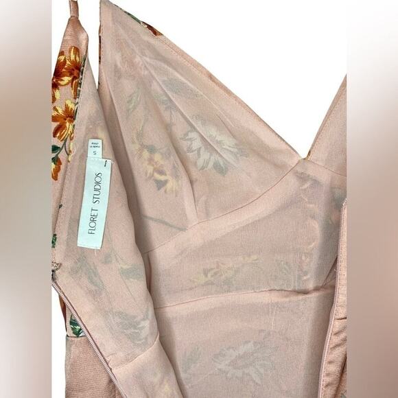 Floret Studios Satin Pink Floral Front Ruched High Low Sleeveless Midi Dress - Picture 9 of 10